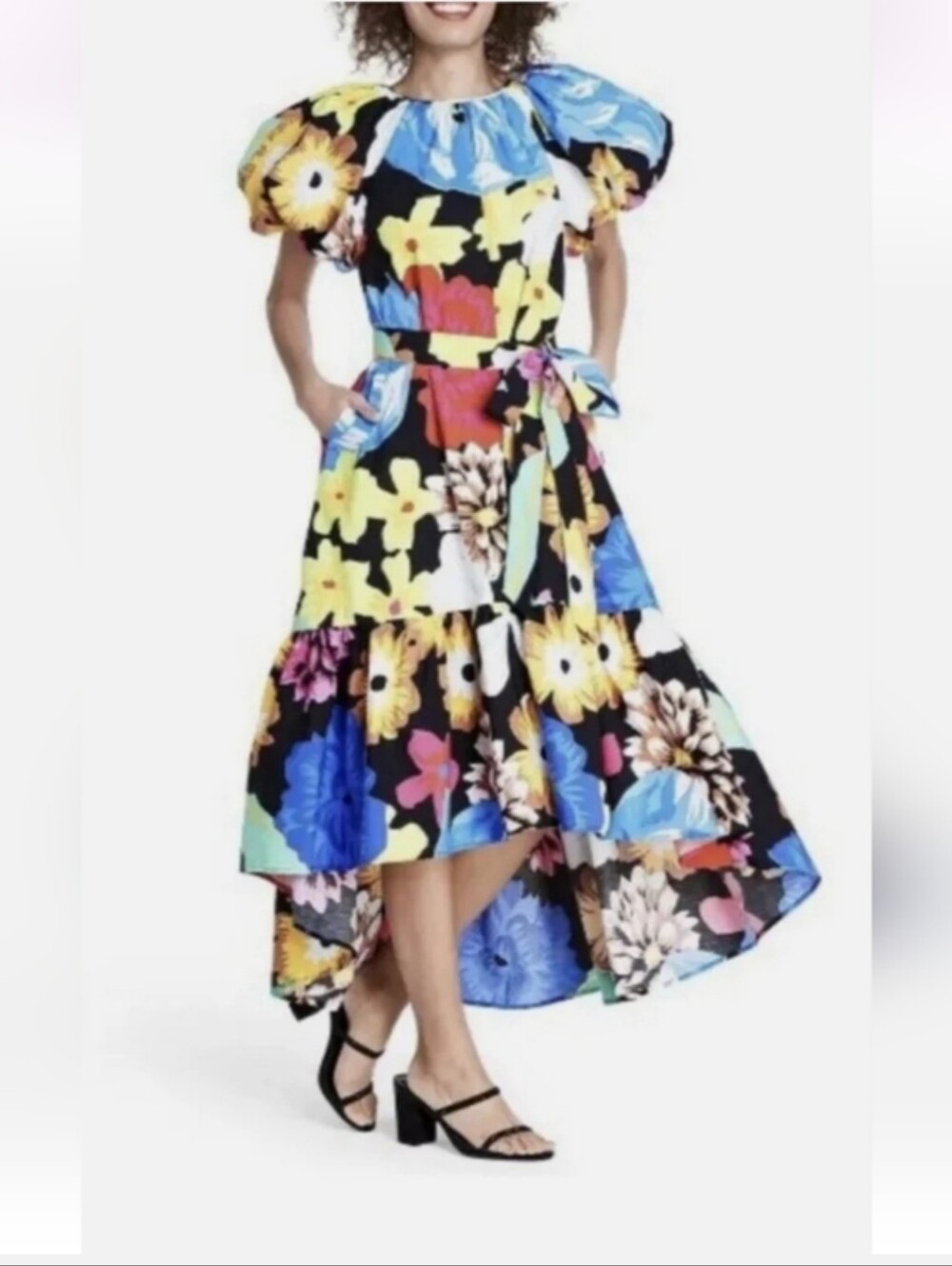 Christopher John Rogers Black Floral High-Low Dress with Multicolor Blooms - Picture 2 of 13
